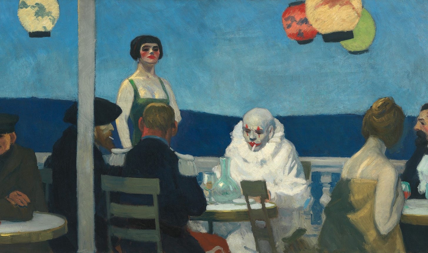 On a balcony, six figures in eclectic attire sit at dining tables and make no eye contact. 