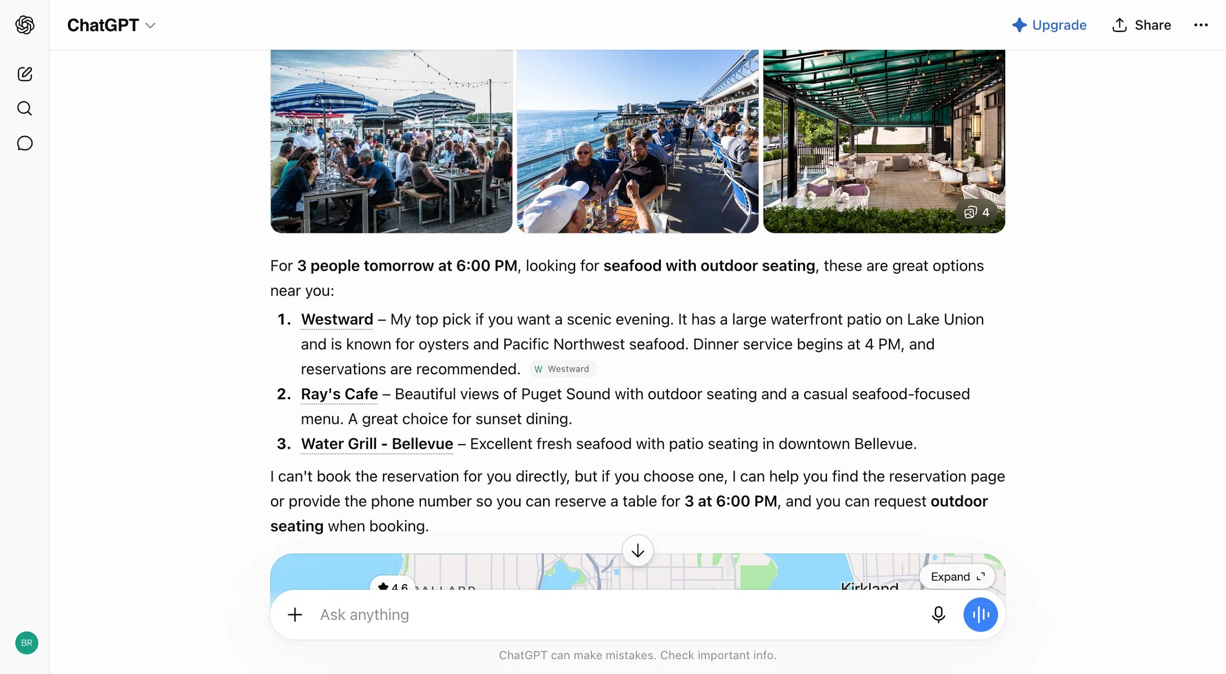 ChatGPT ranked recommendations with map and explicit handoff for reservation