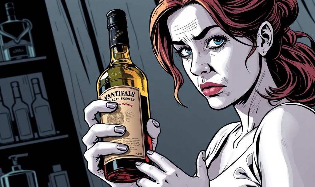 Comic illustration of an unhappy woman holding a whisky bottle. The image is AI generated and because of that she has the wrong number of fingers.