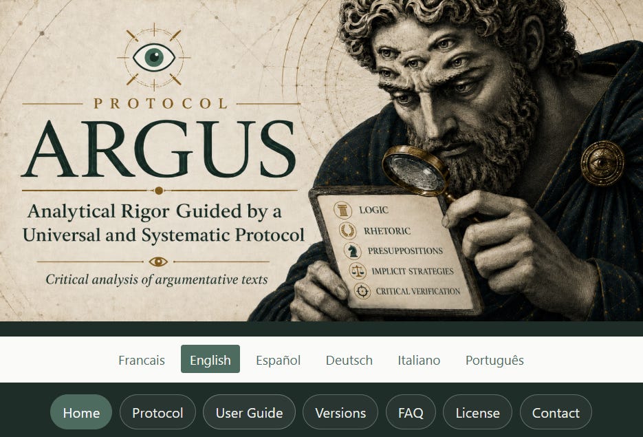 Screenshot of the ARGUS website home page. At the top, an illustrated banner shows the mythological giant Argus, with many eyes, holding a magnifying glass and examining a tablet that displays the protocol steps: logic, rhetoric, presuppositions, implicit strategies, and critical verification. Below the banner, language tabs appear — French, English, Spanish, German, Italian, Portuguese — followed by the site’s main menu: Home, Protocol, User Guide, Versions, FAQ, License, Contact.
