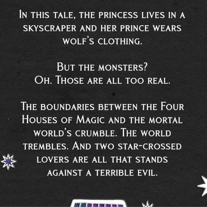 cover snippet showing black with silver and white stars, part of a wolf's head and a building. title is wolf, let down your guard. Blurb reads: In this tale, the princess lives in a skyscraper and her prince wears wolf's clothing. But the monsters? Oh. Those are all too real. The boundaries between the four houses of magic and the mortal world's crumble. the world trembles. And two star-crossed lovers are all that stands against a terrible evil
