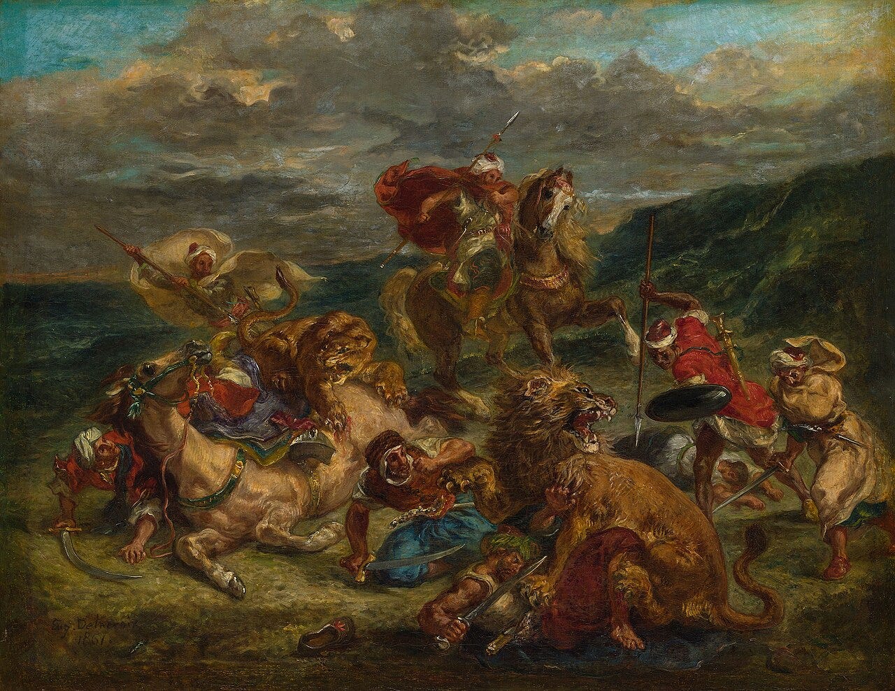 Horses rearing and hunters slashing at a lion in a tangle of bodies Horses rearing and hunters slashing at a lion in a tangle of bodies