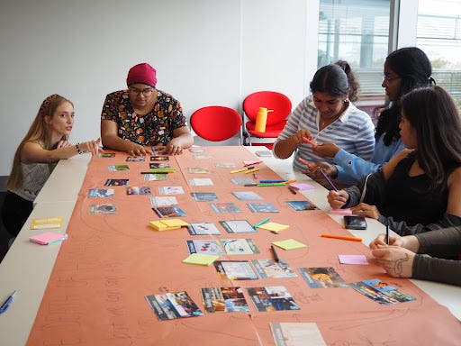 An grid of four pictures showing us all at the workshops, with groups of young people around tables and cards