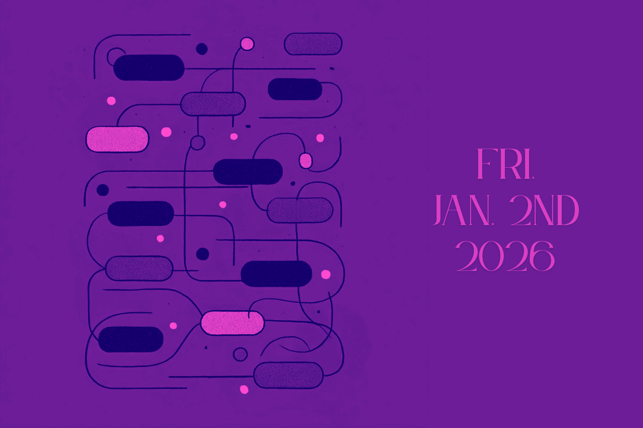 A stylized graphic for the "In Other Words" puzzle section, featuring a network of rounded rectangular nodes in various contrasting tones. The shapes are interconnected by a web of thin, swirling lines and small circular accents, mimicking a complex logic map or a connections puzzle. To the right, text reads "FRI. JAN. 2ND 2026.”