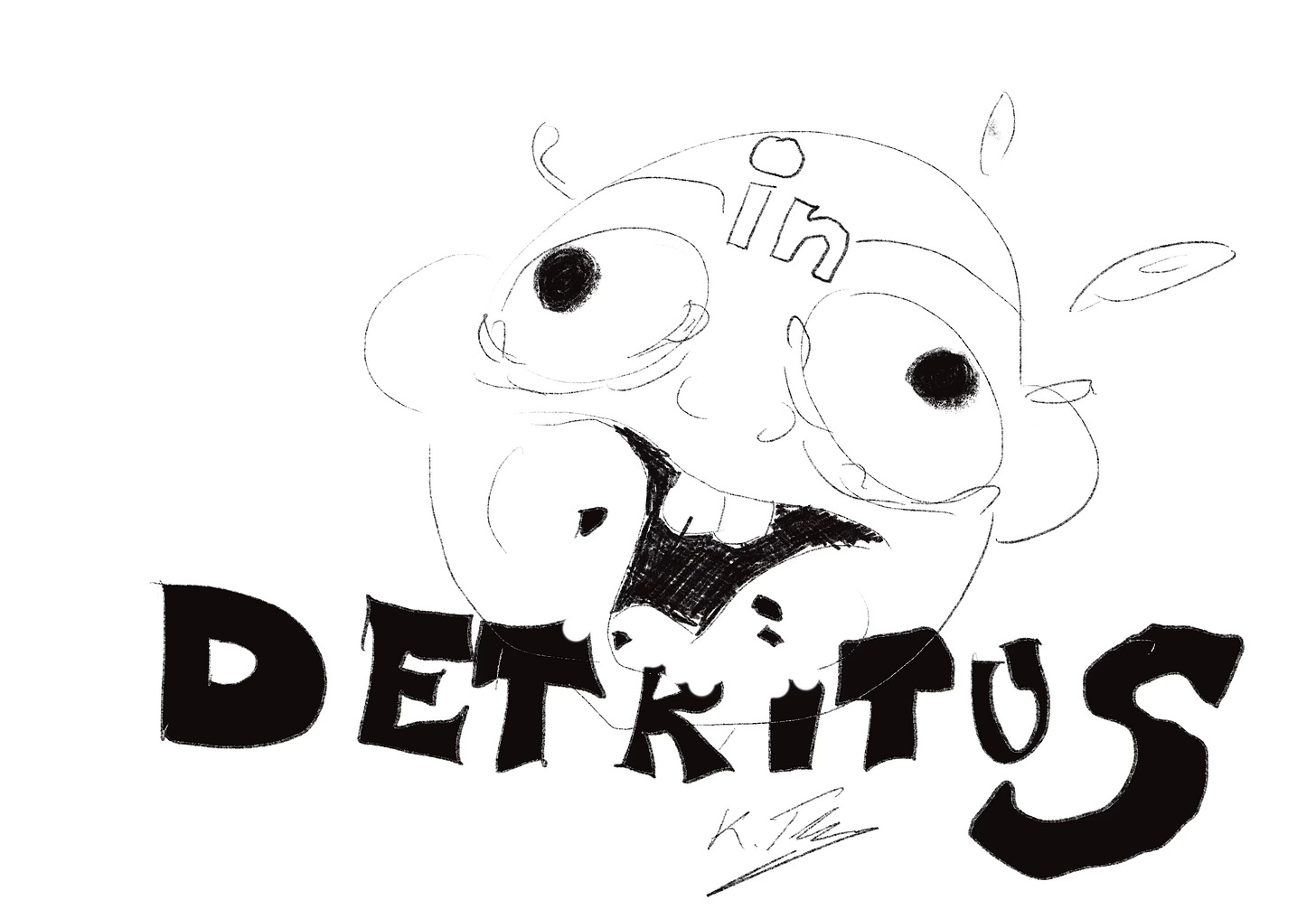 A sketch of a face with bulging eyes and the LinkedIn logo on its head eating the word 'Detritus'.