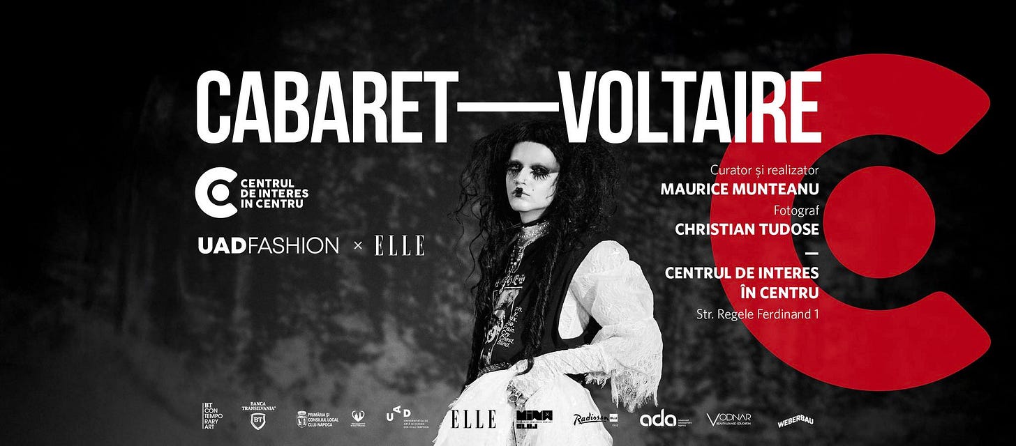 May be an image of 1 person and text that says "CABARET-VOLTAIRE CABARET VOLTAIRE c IN CENTRU Curator 5 irealizator CENTRUL DEINTERES MAURICE MUNTEANU Fotograf Fotograf CHRISTIANTUDOSE CHRISTIAN TUDOSE UADI UADFASHION x ELLE CENTRUL CENTRULDEINTERES DE INTERES ÎN CENTRU Str. Regele Ferdinand1 ทเนียน 新色本温製 国修 AИлbl4ya G D ERRE ELLE 클참에스 Rasar ada VONAR WERERTLAU"