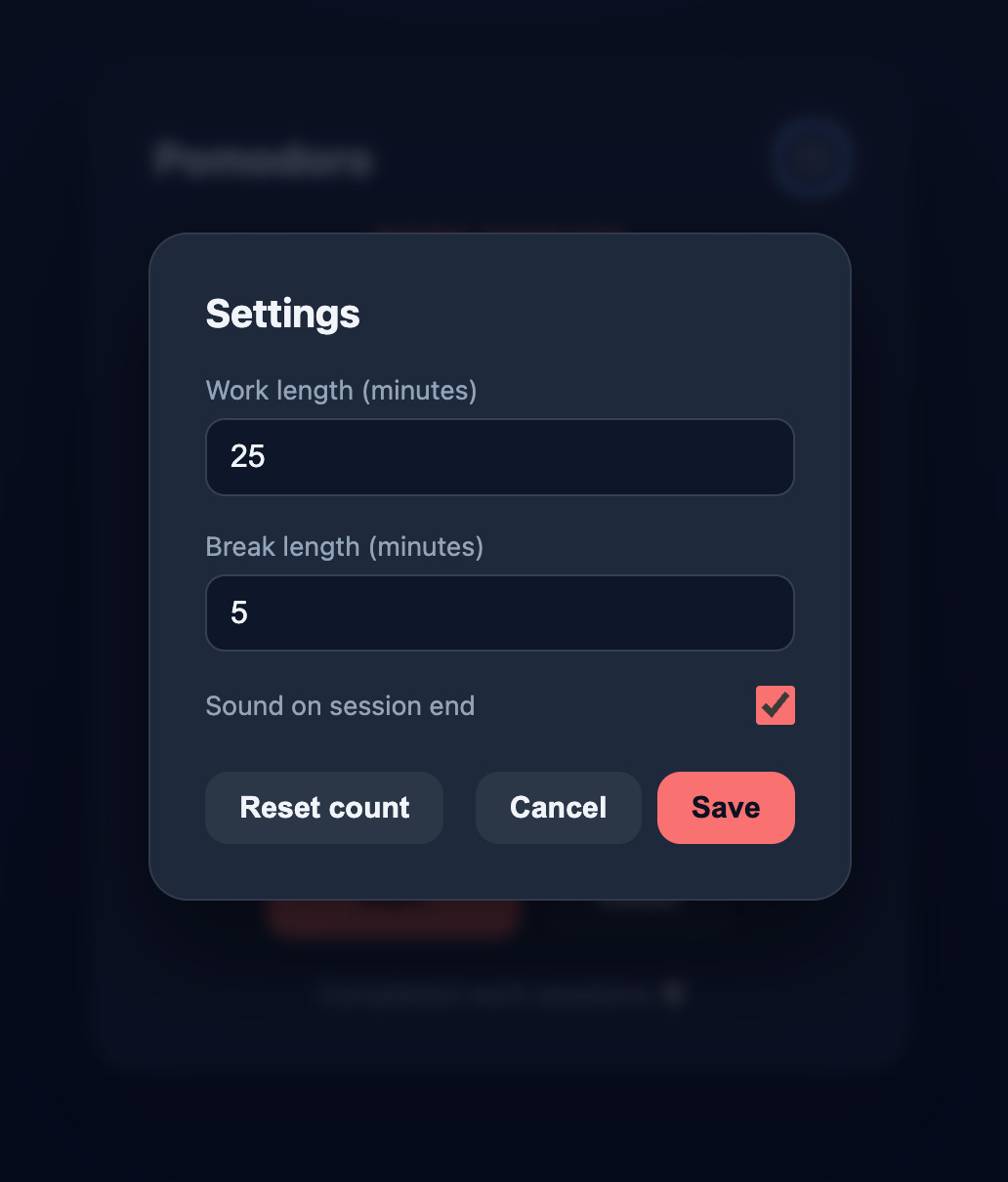 Settings panel in the Pomodoro timer app built with Claude Code Settings panel in the Pomodoro timer app built with Claude Code