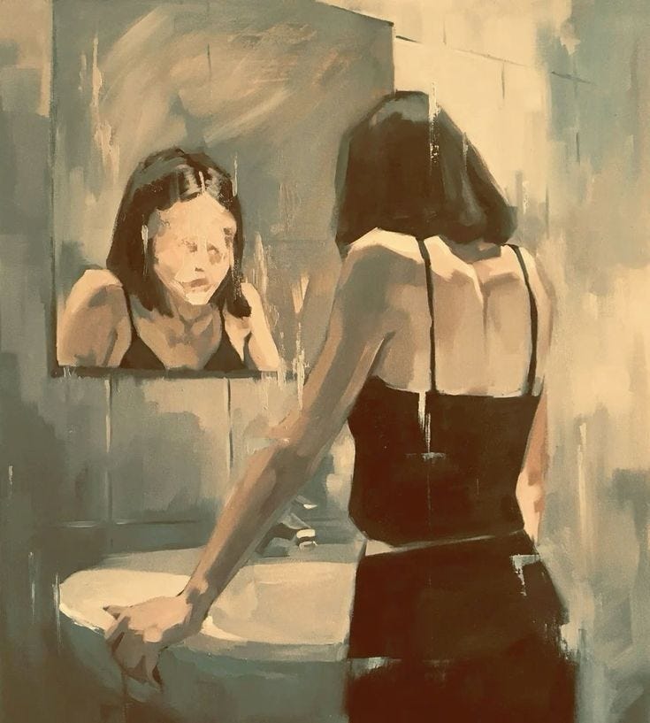 This may contain: a painting of a woman looking at herself in the mirror