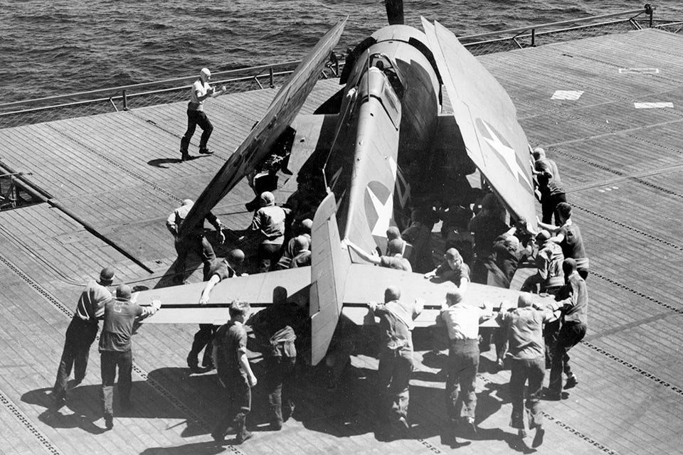 The Hellcat’s patented wing-folding mechanism made for compact stowage. (National Archives) The Hellcat’s patented wing-folding mechanism made for compact stowage. (National Archives)