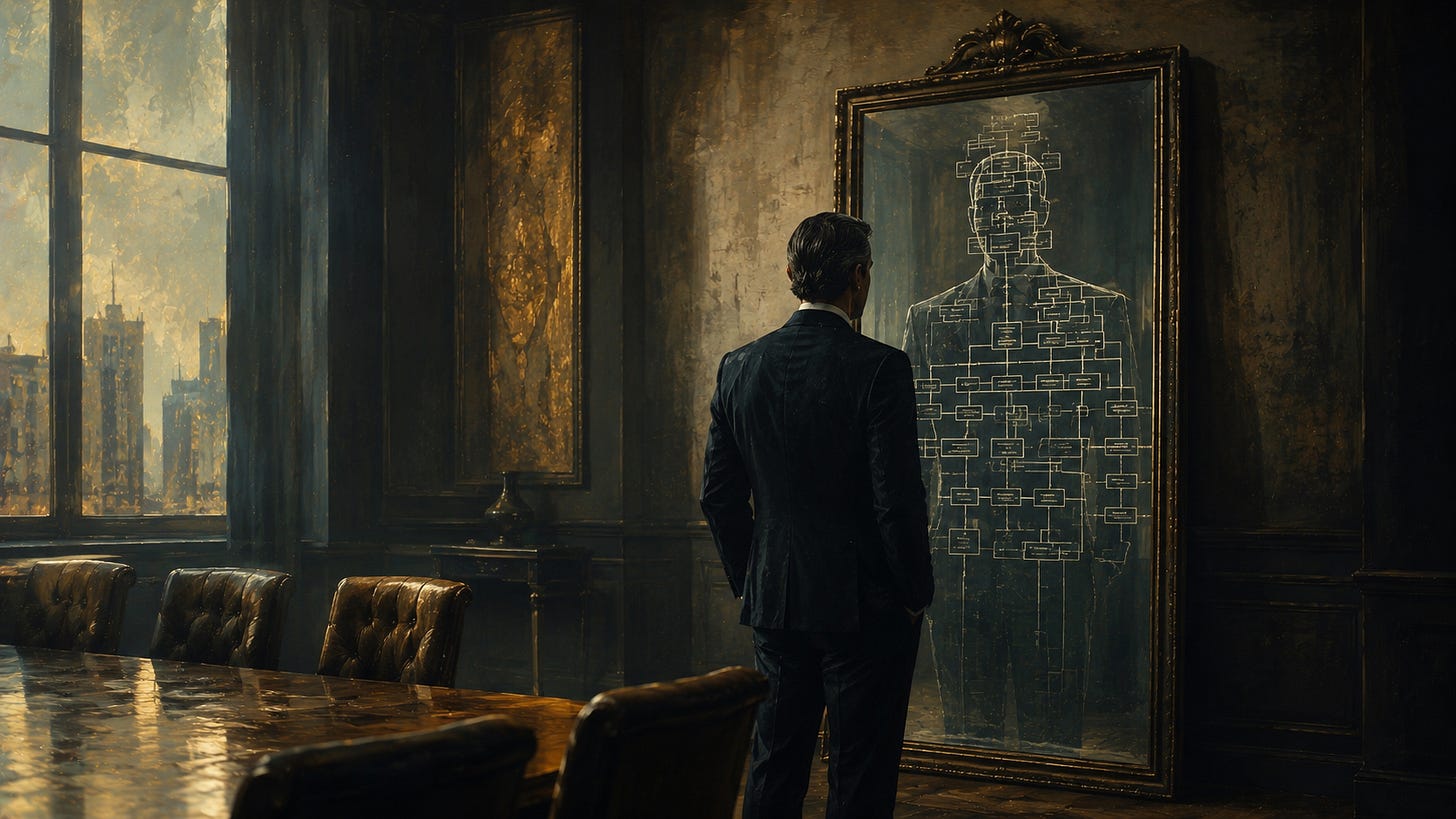 A lone executive in a dark suit stands before a tall mirror in a sparse boardroom. Instead of reflecting the person, the mirror reveals an intricate organisational chart made of interconnected boxes and lines, resembling a mechanical blueprint. Warm light washes across the room while the reflection glows softly against a muted backdrop of deep browns, slate blues, and aged gold, creating a contemplative, surreal atmosphere. A lone executive in a dark suit stands before a tall mirror in a sparse boardroom. Instead of reflecting the person, the mirror reveals an intricate organisational chart made of interconnected boxes and lines, resembling a mechanical blueprint. Warm light washes across the room while the reflection glows softly against a muted backdrop of deep browns, slate blues, and aged gold, creating a contemplative, surreal atmosphere.