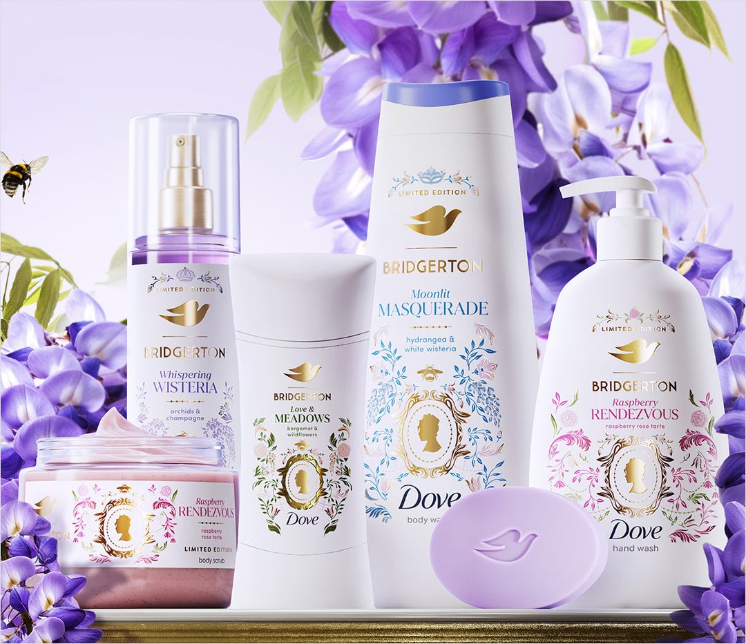 Line up of Bridgerton x Dove products with illustrated damask patterns by Maggie Enterrios, 2026.