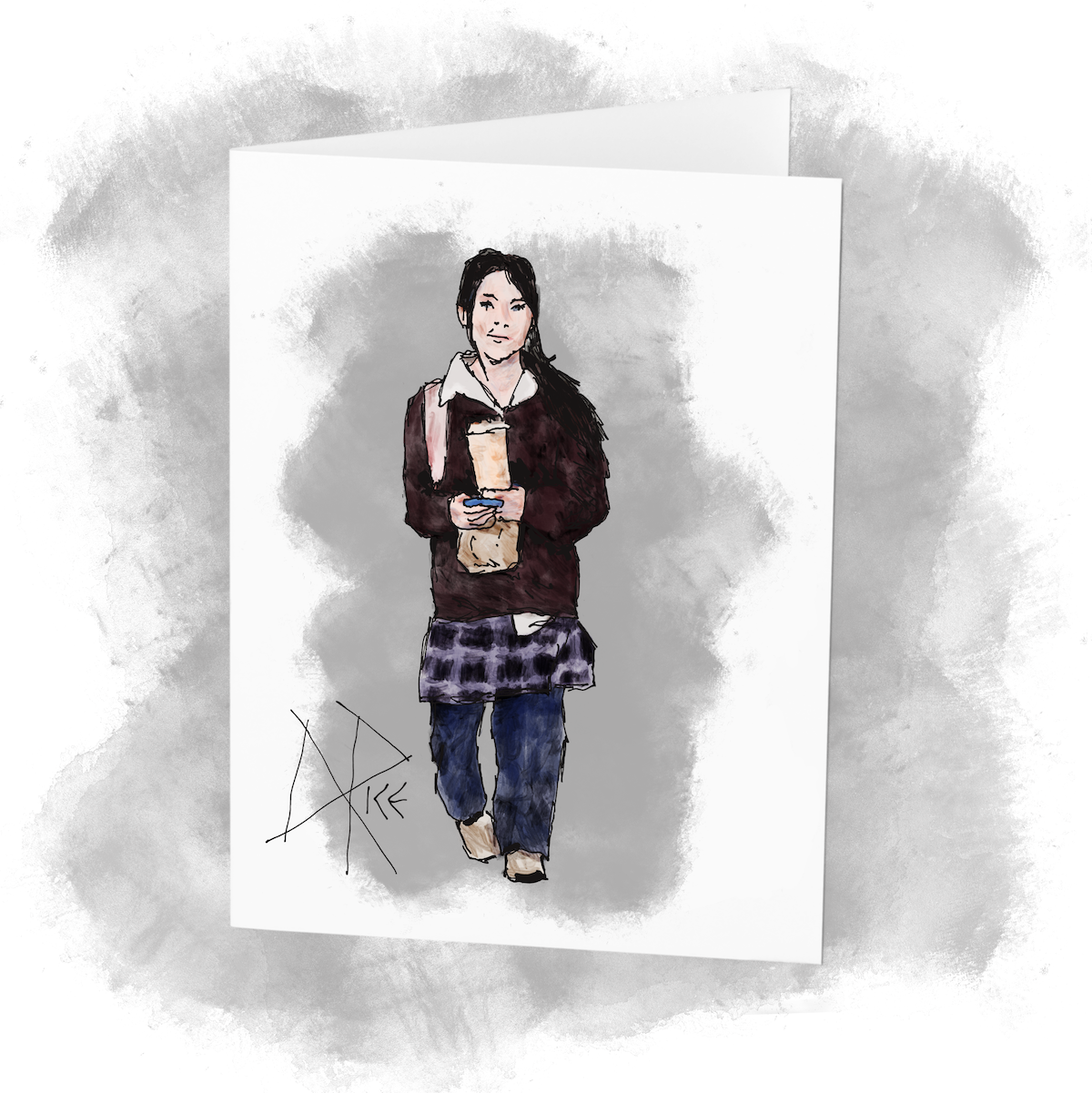Now prepared to complete her trek to school, a teen girl walks away from a fast food restaurant while balancing her phone, large cappuccino and bagged breakfast donut. Sketch art by Don Rice.