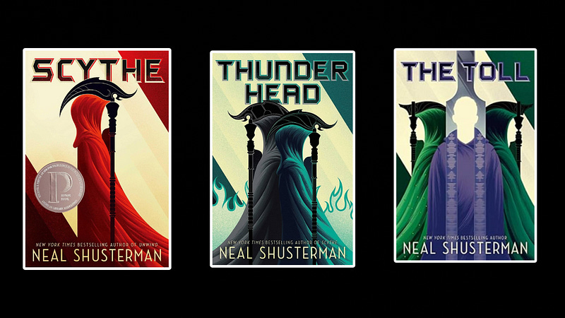 An image of the three main book covers of the Arc of a Scythe books by Neal Shusterman.