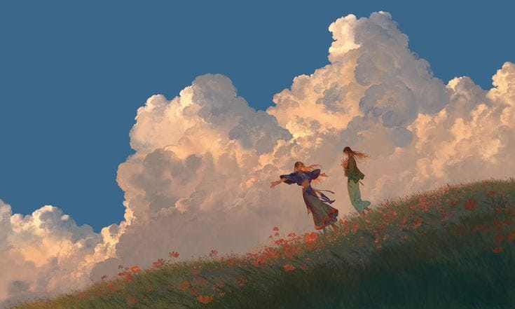 This may contain: two people standing on top of a lush green hillside under clouds and blue skies with red flowers This may contain: two people standing on top of a lush green hillside under clouds and blue skies with red flowers
