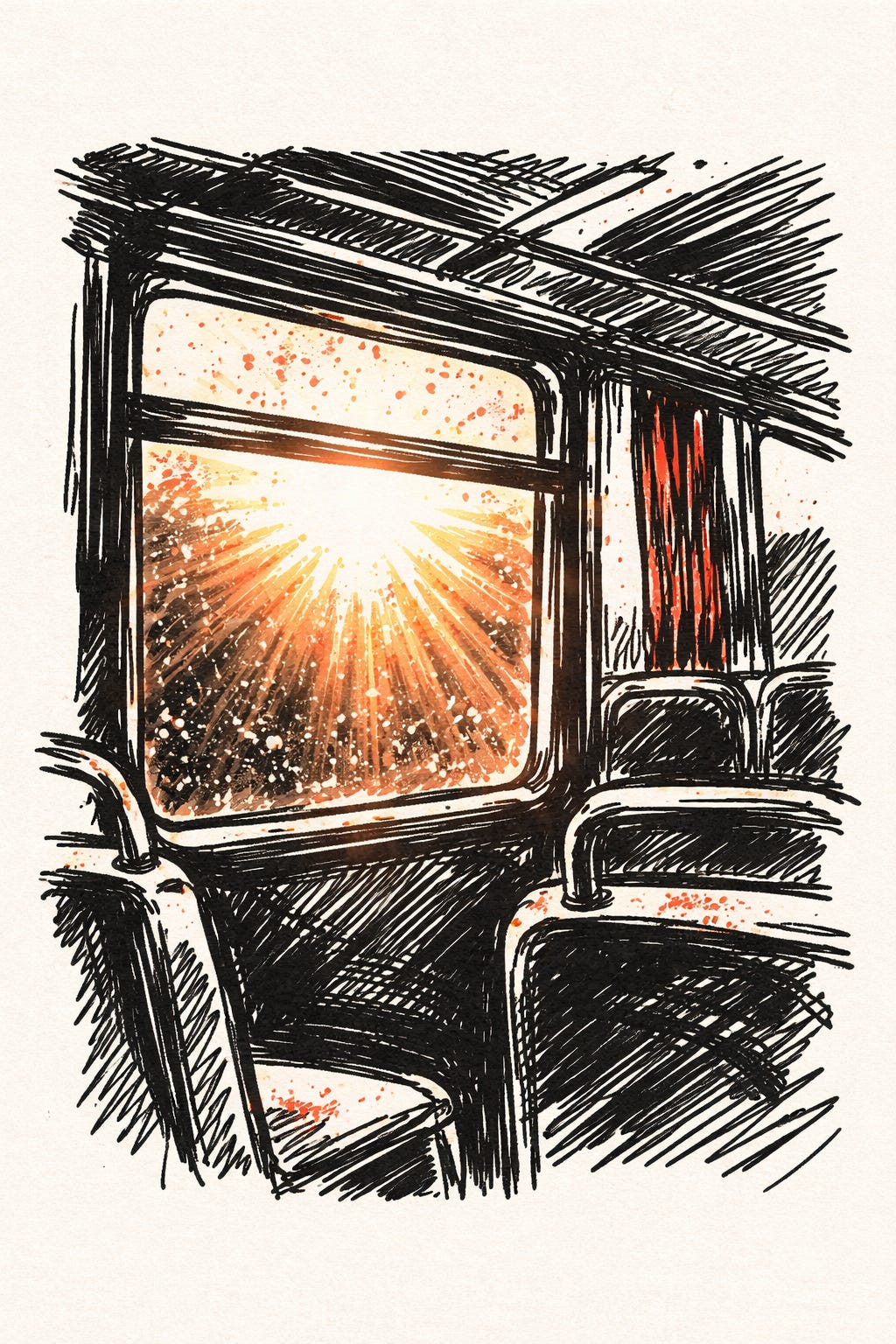 a bus window with golden light scattering in, simple ink style, black and red