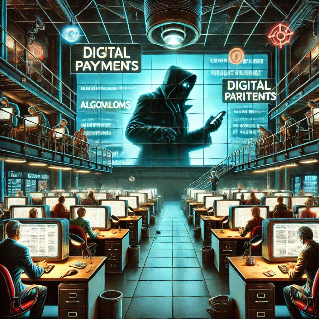 A satirical digital illustration of a futuristic dystopian newsroom where a massive screen displays a shadowy tech overlord watching over nervous writers typing at their computers. The screen emits an eerie glow, and hidden cameras are scattered around the room, reinforcing the feeling of constant surveillance. Cryptic messages about digital payments and algorithms float in the air, adding to the surreal and humorous yet unsettling atmosphere.