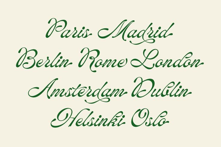 This may contain: some type of calligraphy that is green and has the words paris madrid berlin rome london amsterdam