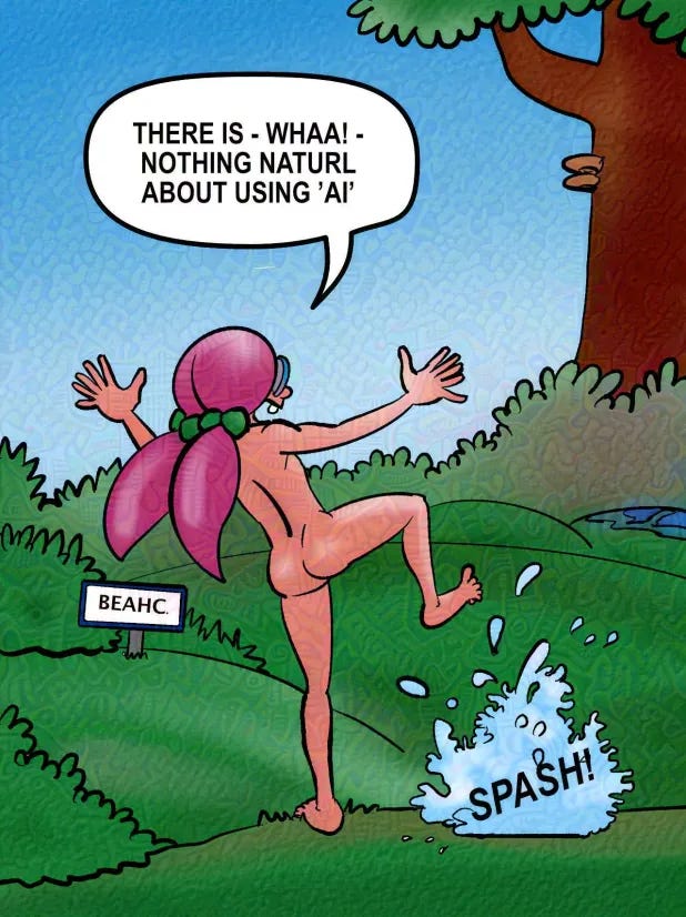 A cartoon image of a nude figure shouting about AI while stumbling backward into water beside a misspelled beach sign.