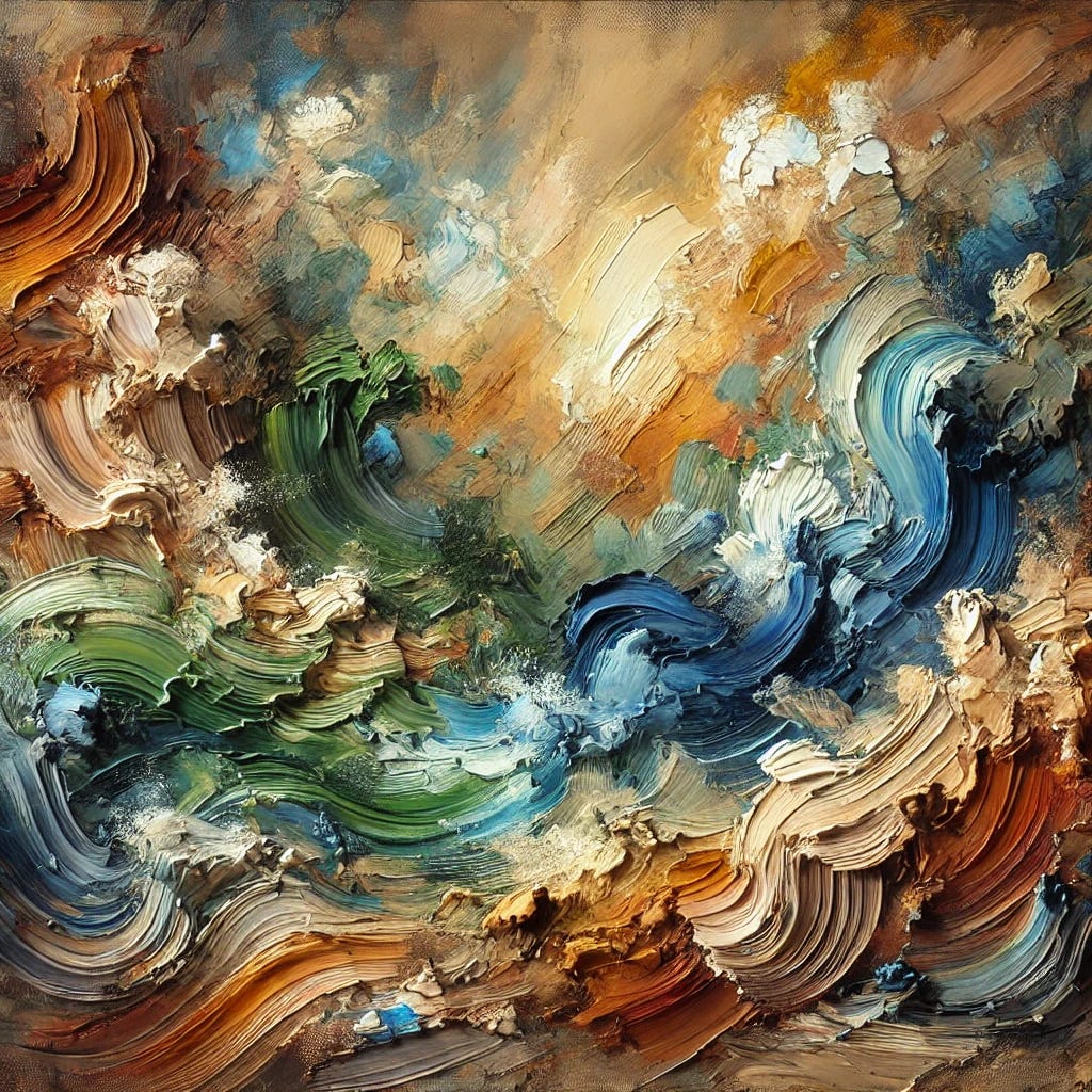 A stunning abstract and impressionist oil painting capturing the essence of bentonite clay's healing and natural properties. Thick, vibrant brush strokes in earthy tones like ochre, burnt sienna, and clay brown dominate the composition, symbolizing ancient wisdom. Swirling shades of mineral-rich green and deep blue represent its nutrient content and detoxifying capabilities. Hints of warm gold and sunlight-inspired highlights convey its living, energizing nature. The painting exudes movement, with dynamic textures illustrating detoxification, healing processes, and self-sufficiency, creating an atmospheric and grounding scene. A stunning abstract and impressionist oil painting capturing the essence of bentonite clay's healing and natural properties. Thick, vibrant brush strokes in earthy tones like ochre, burnt sienna, and clay brown dominate the composition, symbolizing ancient wisdom. Swirling shades of mineral-rich green and deep blue represent its nutrient content and detoxifying capabilities. Hints of warm gold and sunlight-inspired highlights convey its living, energizing nature. The painting exudes movement, with dynamic textures illustrating detoxification, healing processes, and self-sufficiency, creating an atmospheric and grounding scene.