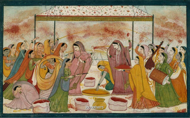 Radha celebrating the Holi festival. Kangra, Punjab Hills, India, late 18th century | V&A Images Radha celebrating the Holi festival. Kangra, Punjab Hills, India, late 18th century | V&A Images