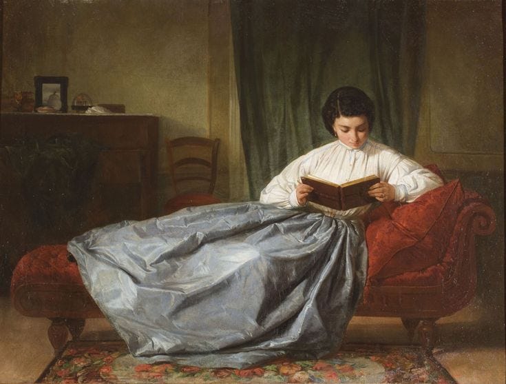 This may contain: a painting of a woman sitting on a red chair reading a book while wearing a blue dress