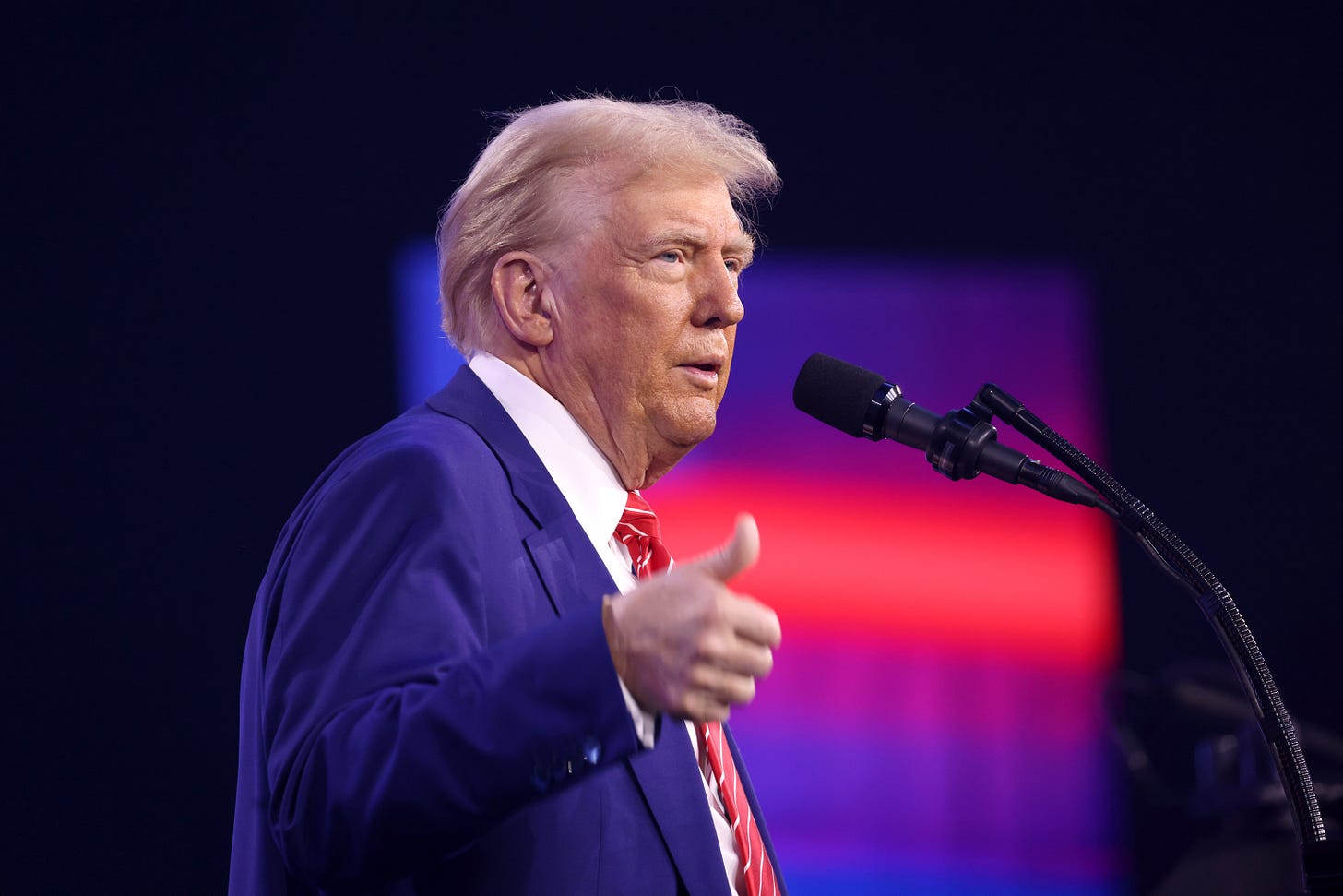 President-elect of the United States Donald Trump speaking with attendees at the 2024 AmericaFest at the Phoenix Convention Center in Phoenix, Arizona.