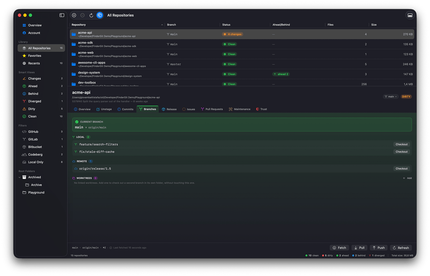 The Branches tab, with the new Worktrees section at the bottom — here with none linked, explaining what one is for. The Branches tab, with the new Worktrees section at the bottom — here with none linked, explaining what one is for.