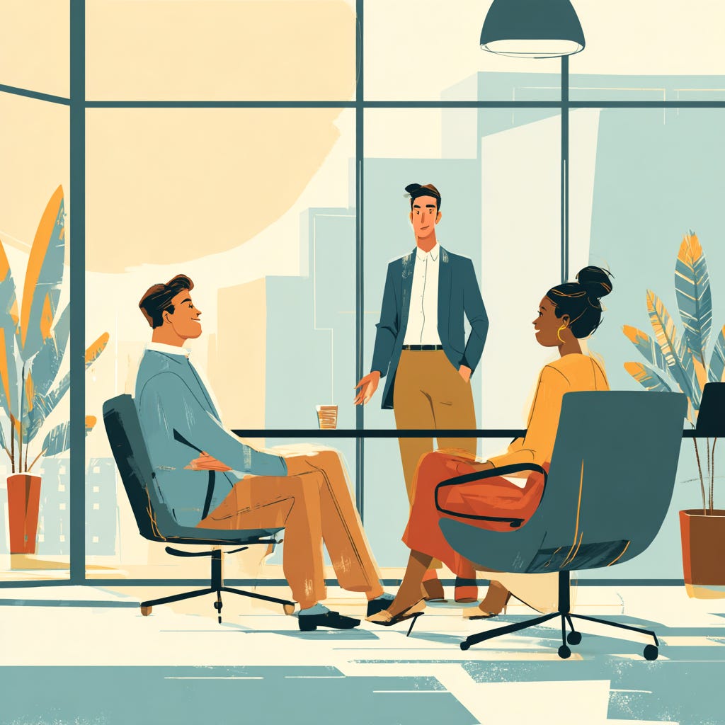Professional office setting, two people sitting across from each other at a meeting table having a serious but respectful conversation, manager standing nearby with hands gesturing supportively, Professional office setting, two people sitting across from each other at a meeting table having a serious but respectful conversation, manager standing nearby with hands gesturing supportively,