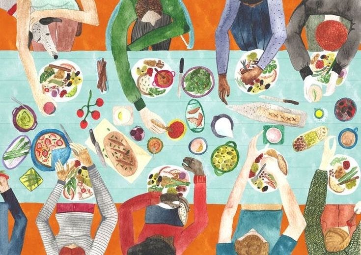 This may contain: a painting of people sitting at a table with plates and bowls of food in front of them