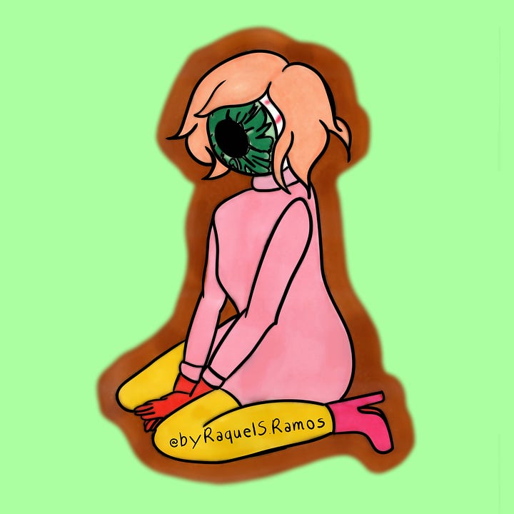 Diagrama com quatro imagens. Imagem 1: Esta obra de arte digital apresenta uma estética surrealista e psicodélica vibrante. A peça centraliza uma figura feminina estilizada, caracterizada por sua pele azul brilhante e cabelos laranja ondulados que emolduram o que seria seu rosto.  Em vez de traços faciais convencionais, há uma abertura oval profunda e vazia no centro da cabeça da figura. Uma flor roxa com haste verde emerge desse vazio. A figura está contida dentro de uma moldura oval rosa sobre um fundo bordô escuro, o que foca a atenção do espectador na personagem central.  Imagem 2: Esta imagem é uma ilustração digital. Uma figura feminina com cabelos curtos em tom pêssego ou rosa claro. No lugar do rosto, há um grande olho verde detalhado, o que dá à personagem uma aparência surreal. Ela usa um vestido de gola alta rosa, luvas vermelhas e botas de salto alto também vermelhas. A personagem está ajoelhada sobre uma superfície amarela. Há uma borda marrom ao redor da personagem, destacando-a do fundo verde claro. Imagem 3: Esta imagem apresenta uma ilustração estilizada de uma figura antropomórfica que combina elementos humanos e vegetais. A pintura é em giz pastel oleoso. Um corpo feminino de cor verde, representado em uma posição sentada de perfil, com os joelhos dobrados e o braço esquerdo apoiado no chão. No lugar de uma cabeça humana, a figura possui uma grande flor amarela e alaranjada com cinco pétalas pontiagudas. A criatura está envolta por uma aura avermelhada e rosa vibrante, que por sua vez é contornada por uma borda branca texturizada. O fundo da imagem é um tom de marrom neutro. O uso de cores é vibrante e os contornos marcados. Imagem 4: Esta imagem é uma ilustração em aquarela que retrata uma pessoa sentada a uma mesa com um aquário no lugar da cabeça. A figura vestindo uma camiseta lilás, está com as mãos apoiadas nas laterais do aquário que substitui sua cabeça. Uma sereia escura é vista nadando no interior do aquário. À frente da pessoa há um notebook aberto. Ao redor, encontram-se objetos cotidianos como um smartphone, uma caneca rosa, um bloco de notas com uma caneta e uma cafeteira italiana (Moka). Sobre a mesa, há um livro e um jornal com textos em português: Um livro intitulado "TUDO SOBRE SEREIAS". Um jornal com a manchete "CABEÇA HUMANA ENCONTRADA EM AQUÁRIO". Uma caixa de "RAÇÃO DE PEIXE" está posicionada no canto inferior esquerdo.