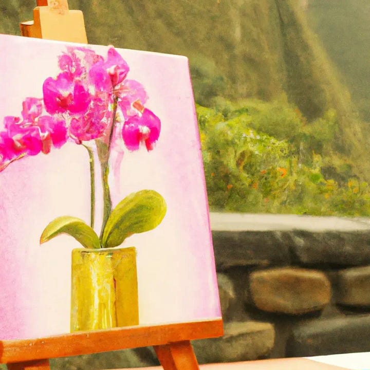 Bad paintings of fake orchids in non-existent gold vessels