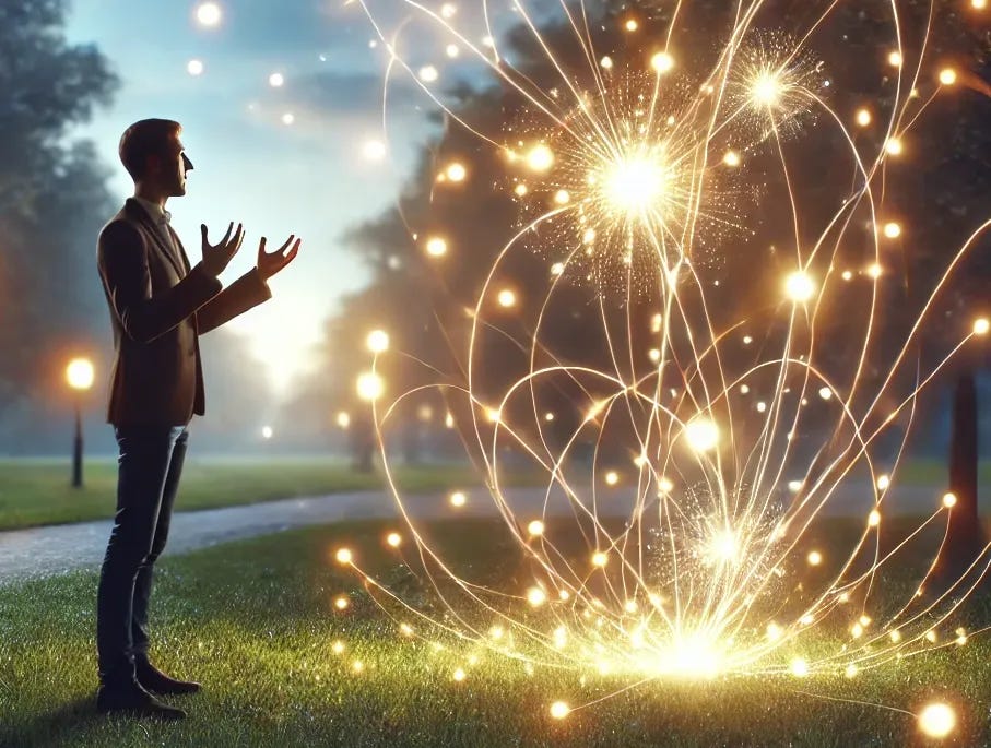 A peaceful park scene with a person actively talking to a glowing network of bright lights. The person looks directly at the lights and gestures with both hands in an expressive, free-flowing manner, as if caught up in an animated conversation. The lights hover nearby, shimmering and appearing engaged, as if listening attentively. The tranquil landscape is bathed in soft light, creating an atmosphere of thoughtful interaction.