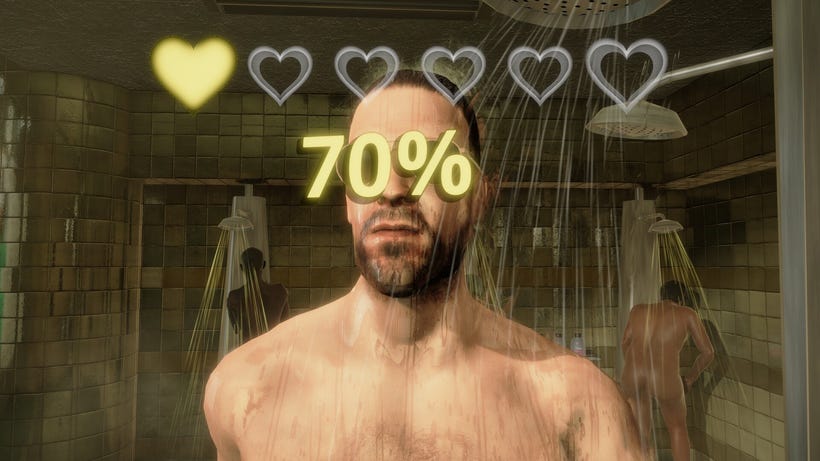 A man takes a shower in a locker room. His face is covered by a percentage and heart-based health UI A man takes a shower in a locker room. His face is covered by a percentage and heart-based health UI