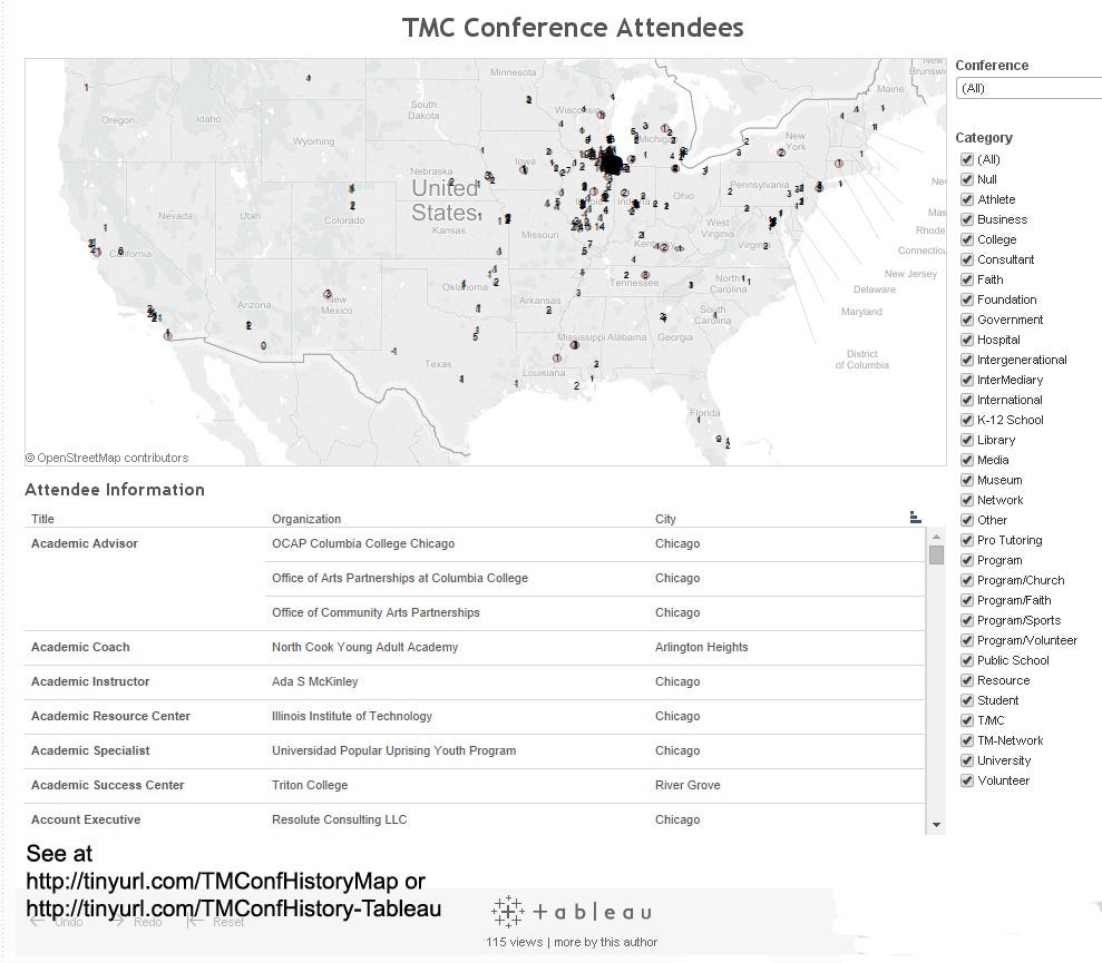 This map shows 1994-2014 participants in Tutor/Mentor Leadership and Networking Conferences held in Chicago.