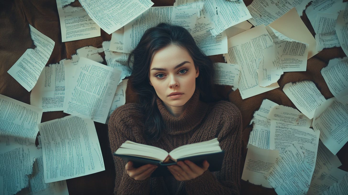 A woman is laying on her back looking up at the camera. She is surrounded by pages with typed text. She’s holding an open book. 