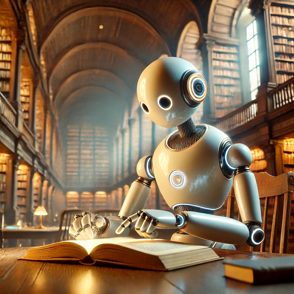 A whimsical, friendly humanoid robot of the future, sitting at a wooden table in a grand library filled with towering bookshelves. The robot’s metallic, streamlined body has soft, glowing accents. It is deeply concentrated on an old hardcover book, gently turning a page with a delicate robotic arm. Warm, golden light filters in through large windows, creating a calm, cozy atmosphere. The library backdrop is ornate and scholarly, reminiscent of a classic Victorian reading room but with subtle futuristic elements like glowing holographic signage or modern architecture details. The overall mood is peaceful, curious, and enchanting. High resolution, highly detailed, cinematic lighting.