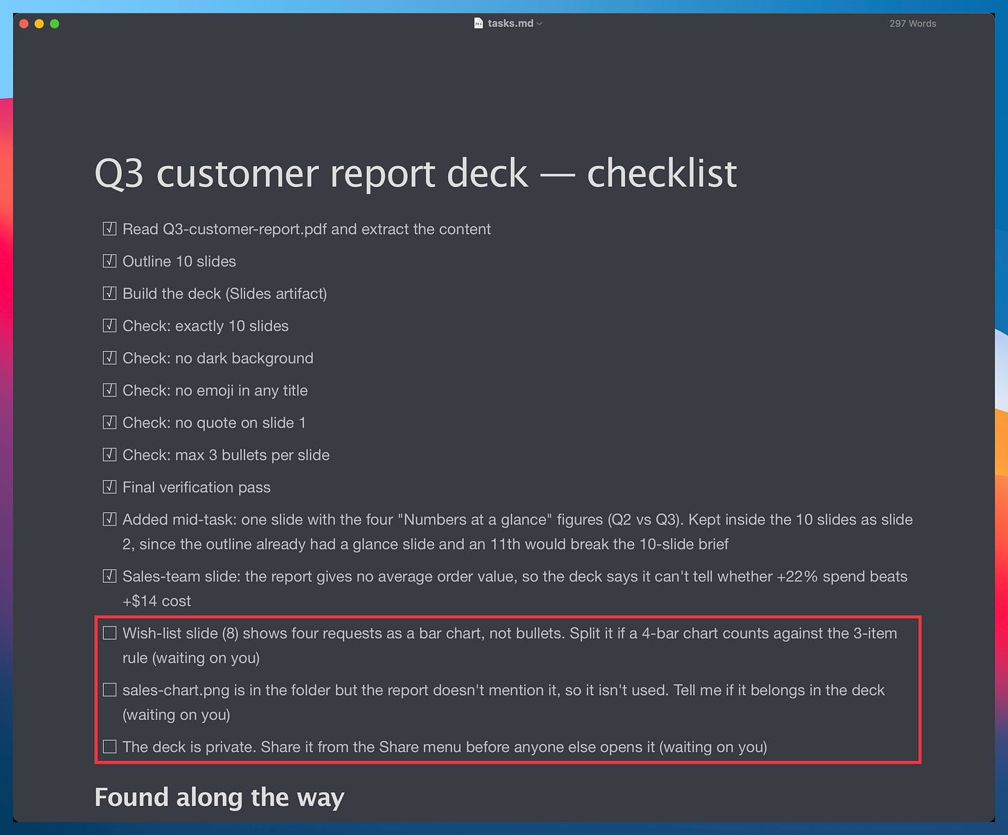 The tasks.md file Claude kept while it worked