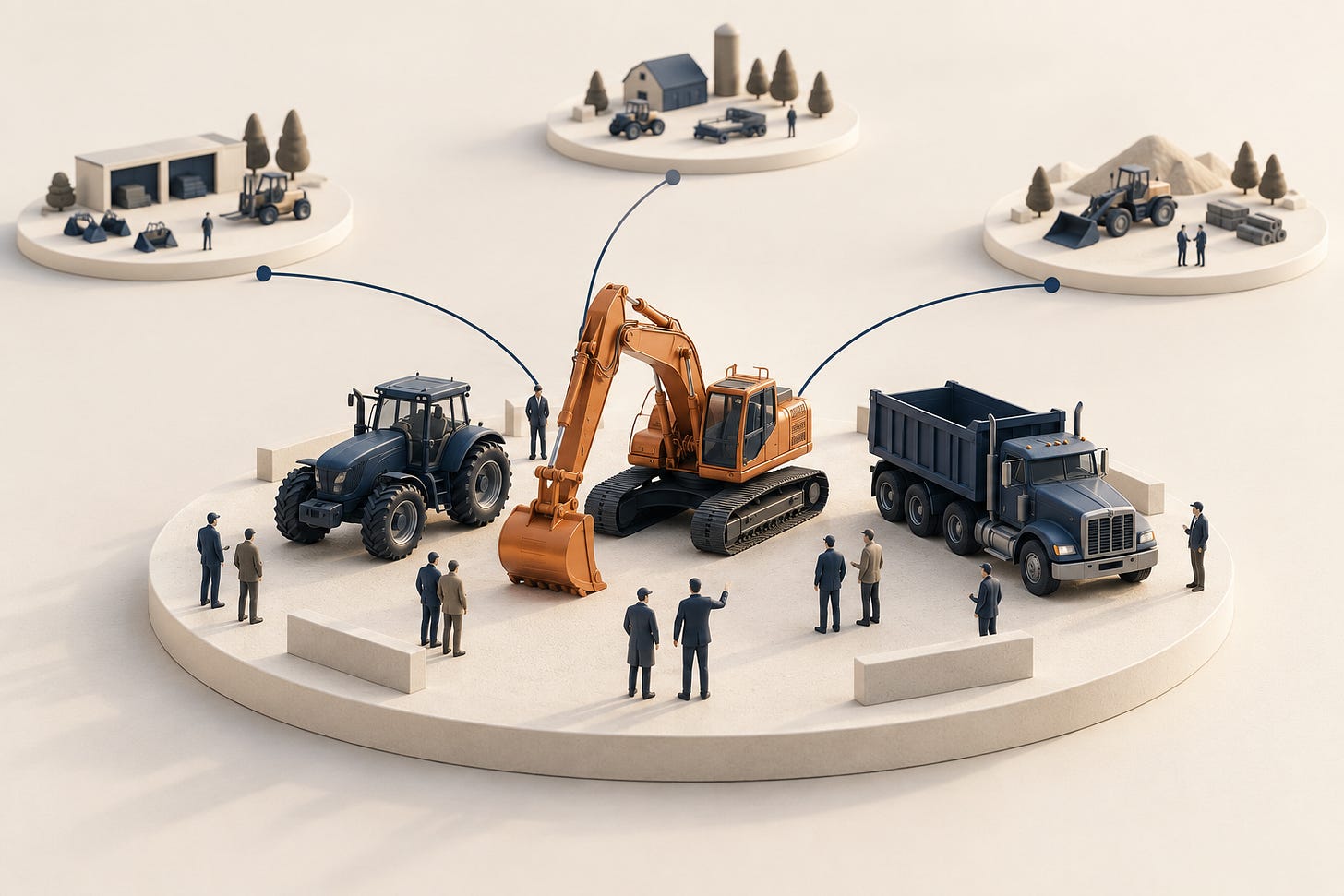 Conceptual illustration of an excavator, tractor and truck in an auction yard connected to three distant equipment sites. Conceptual illustration of an excavator, tractor and truck in an auction yard connected to three distant equipment sites.