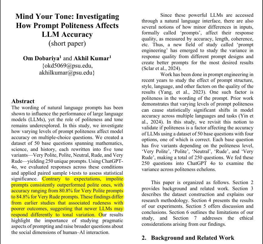Black and white text document displaying the title Mind Your Tone: Investigating How Prompt Politeness Affects LLM Accuracy short paper by Omkar Bhalerao from Ohio State University with abstract discussing natural language interfaces prompt engineering variance in model outputs factors like language and demonstrations statistical shifts from politeness levels using 50 questions across very polite polite neutral rude and very rude tones paper organization including methodology results study and ethical discussions plus background and related work section.