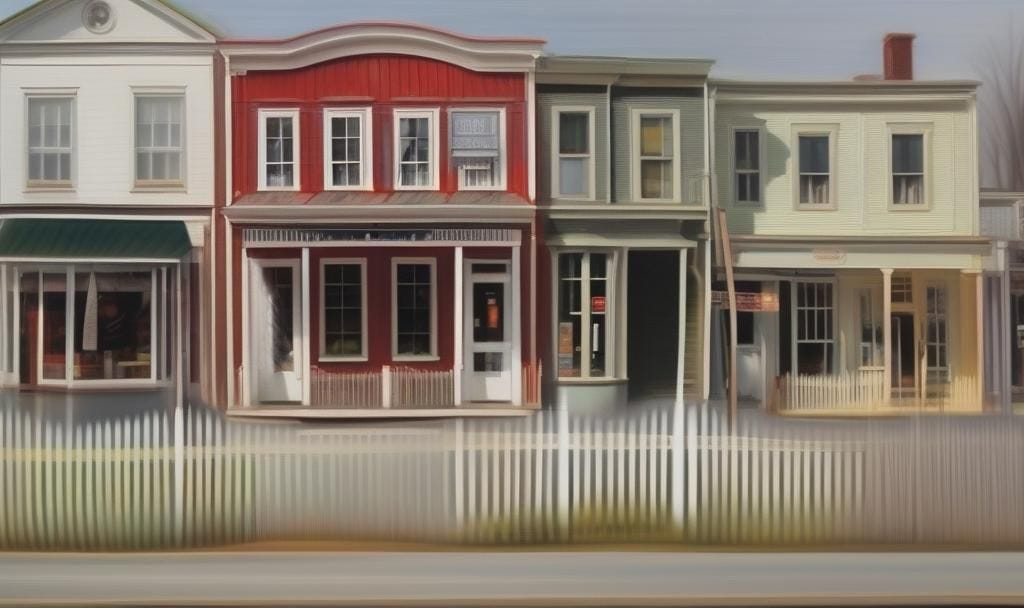 AI generated image of small town main street and white picket fences