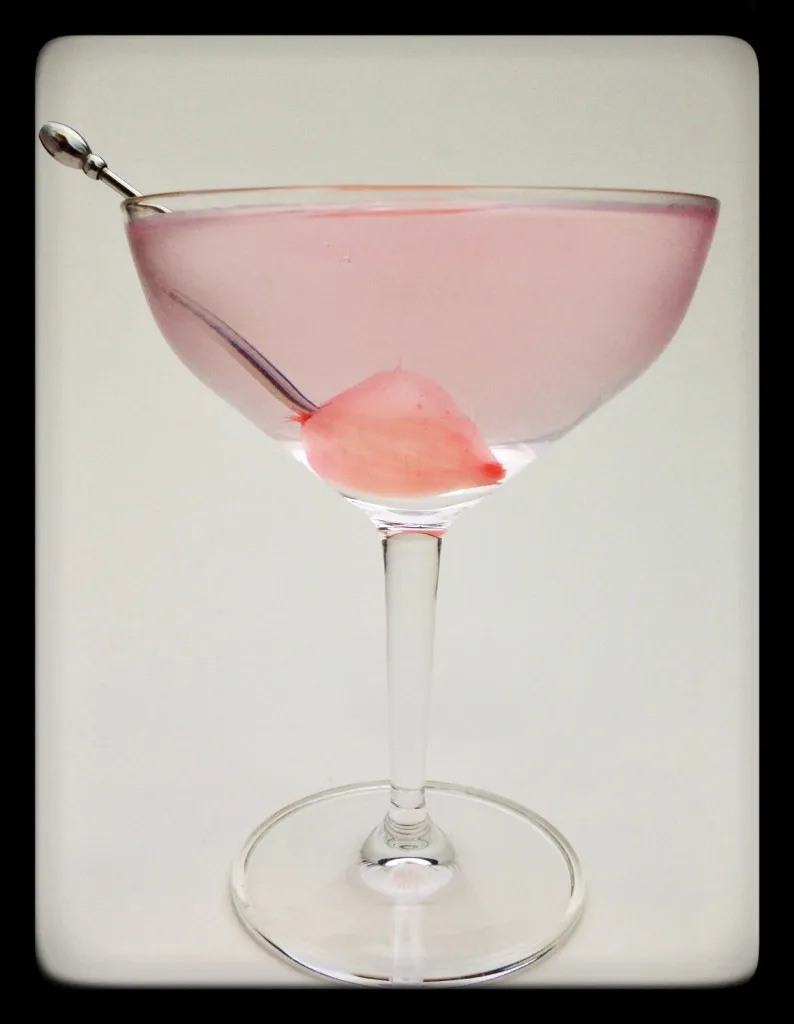 Pink-tinged gin "Debbie Gibson" with pink cocktail onion. 