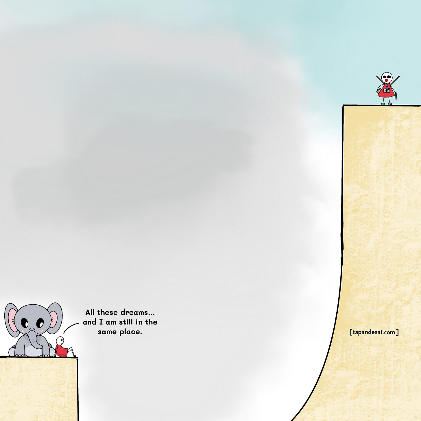 Raj sits beside the Misery Elephant, looking across a wide emotional chasm toward his ideal self with the caption 'All these dreams… and I am still in the same place' — illustrating the psychological burden of unmet desires and the paralysis of comparison in the Valley of Longing.