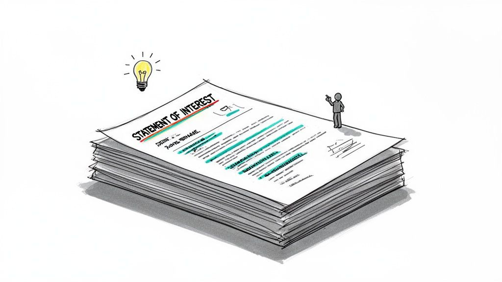 Illustration of a person reviewing a Statement of Interest document with a bright idea. Illustration of a person reviewing a Statement of Interest document with a bright idea.