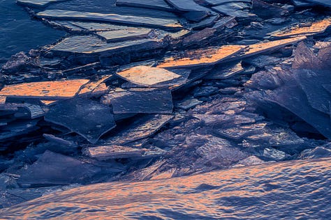 A selection of landscape photos that show winter images near frozen shorelines and water.