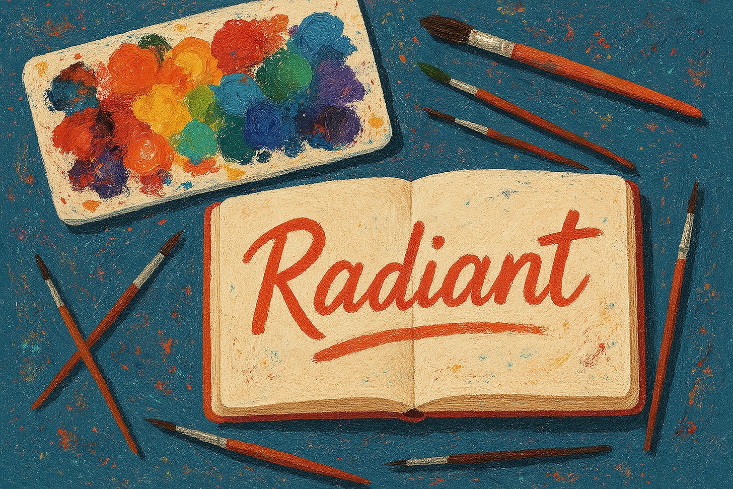 A flat-lay or digital illustration of an artist’s workspace: messy paint palette, scattered brushes, and an open sketchbook with the word Radiant written inside. Visual style: Vibrant, textured, slightly imperfect — reflecting Dani’s creative, non-linear mind.