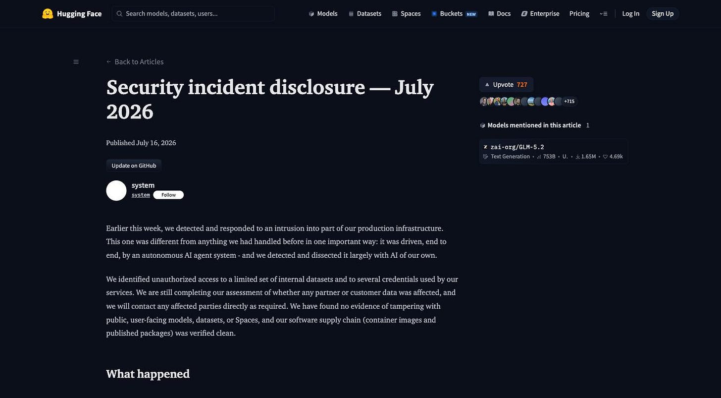 Screenshot of Hugging Face's blog post titled Security incident disclosure, July 2026, stating the intrusion was driven end to end by an autonomous AI agent system.
