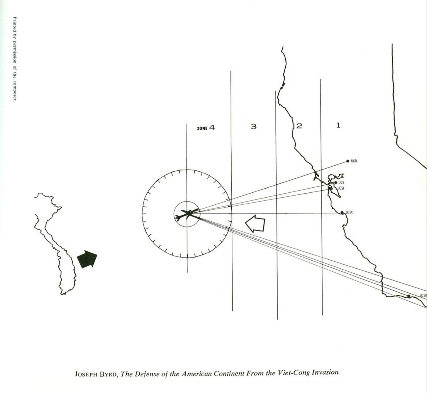 The graphic score for Joseph Byrd's The Defense of the American Continent from the Viet-Cong Invasion. The graphic score for Joseph Byrd's The Defense of the American Continent from the Viet-Cong Invasion.