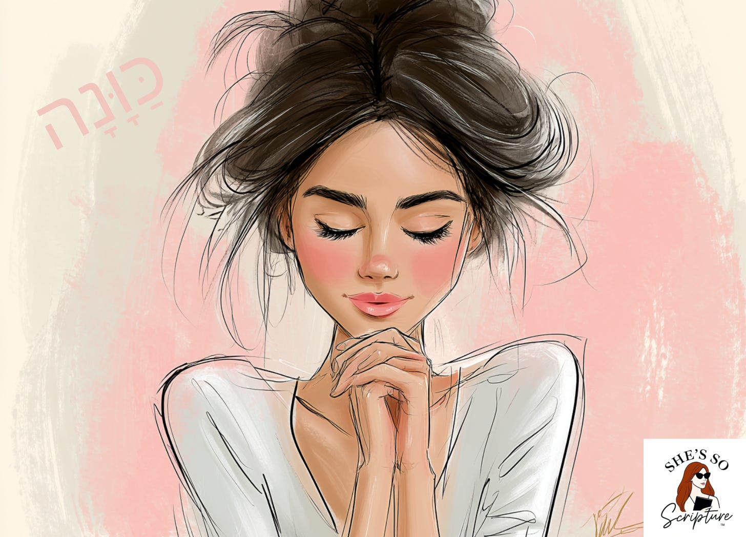 Illustrated woman with eyes closed and hands folded in prayer, bathed in soft warm light, rendered in whimsical blush pink and cream watercolor style.