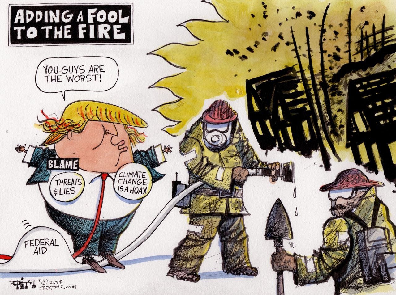 Political cartoon U.S. Trump California fires blame threats lies climate change hoax Political cartoon U.S. Trump California fires blame threats lies climate change hoax