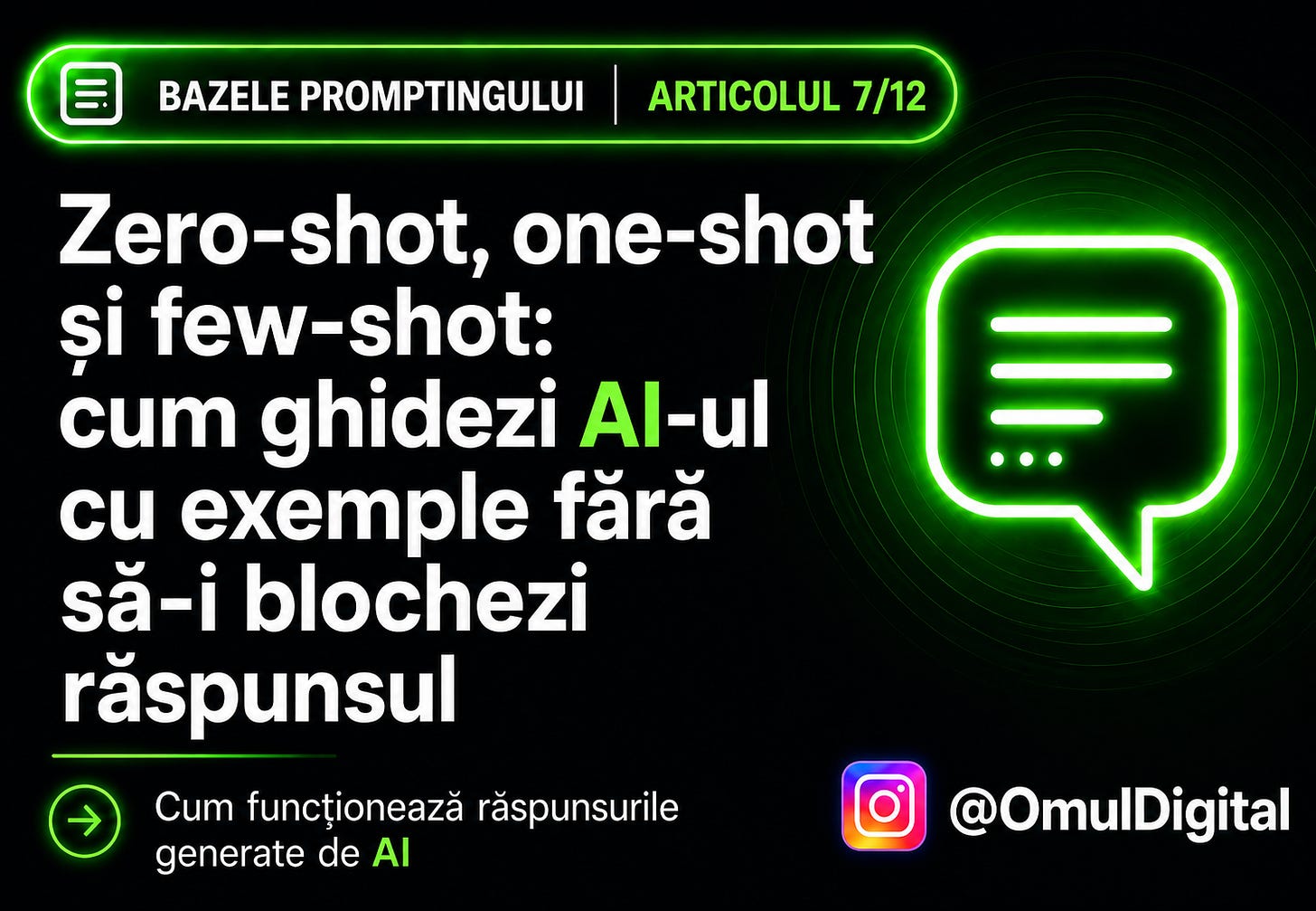 Cover pentru seria „Bazele promptingului” de la Omul Digital, cu titlul articolului, icon de chat și design mov dedicat materialelor despre prompt engineering. Cover pentru seria „Bazele promptingului” de la Omul Digital, cu titlul articolului, icon de chat și design mov dedicat materialelor despre prompt engineering.